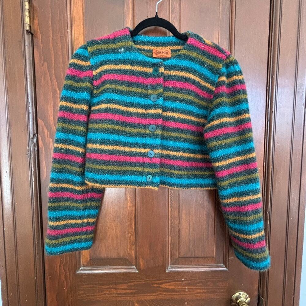 Vintage Missoni Cropped Striped Wool Cardigan Orange Label Italy Multicolor M